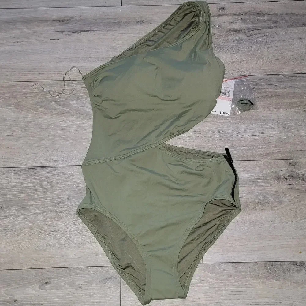 Michael Kors Women Green One-Shoulder Zipper Cutout One Piece Swimsuit Size 8